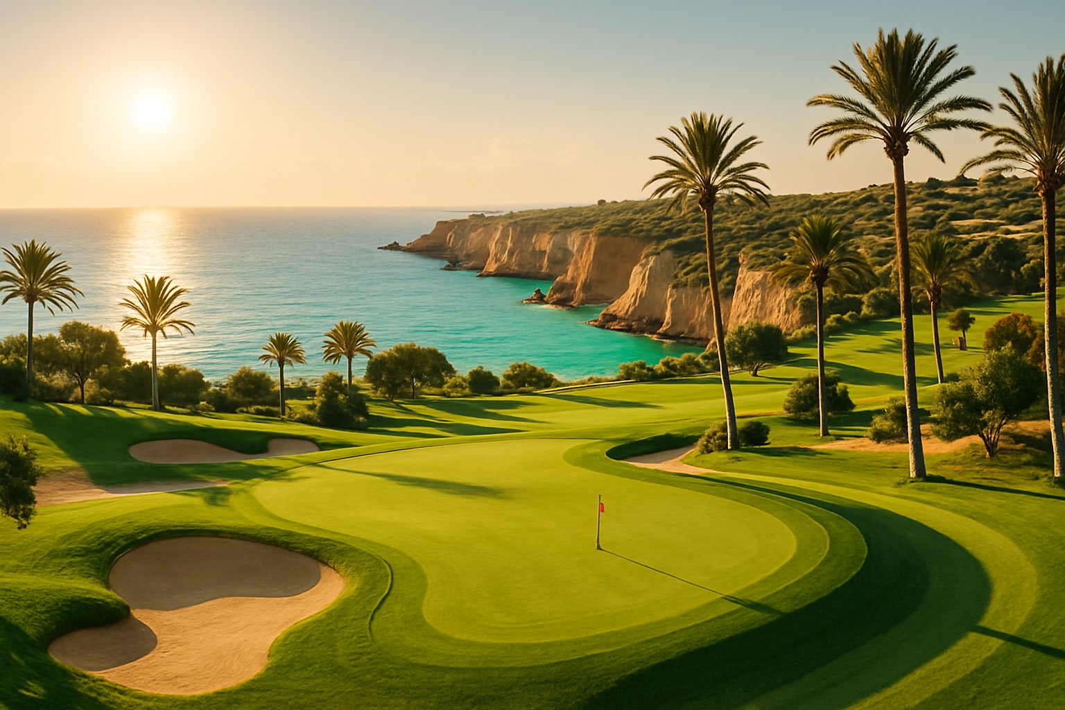 Fairway einer Premium-Golfanlage auf Zypern über dem Mittelmeer