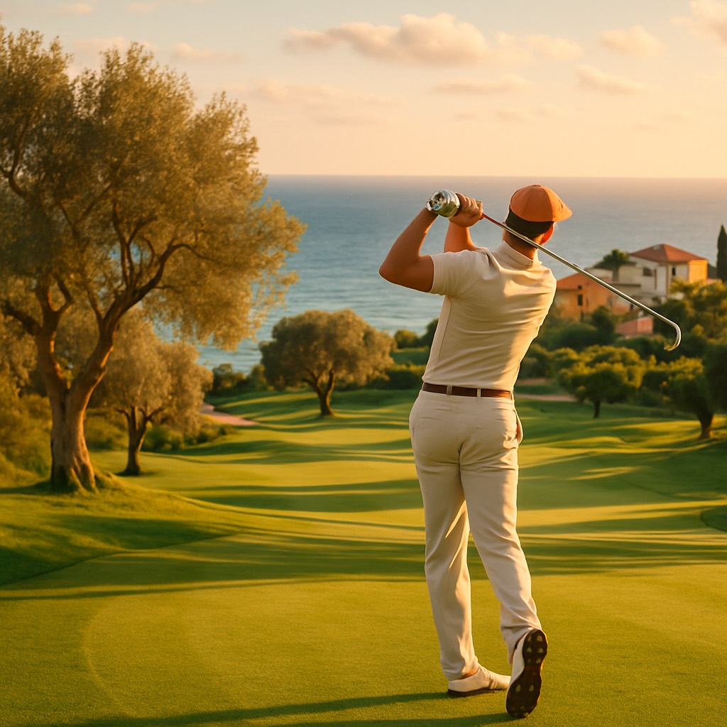 Golfplatz auf Zypern mit Meerblick im warmen Abendlicht