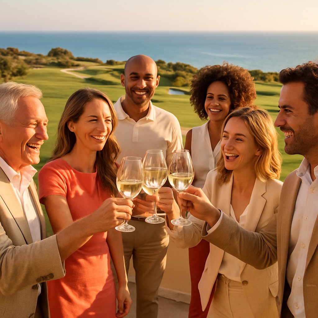 Networking von Unternehmern auf der Clubhaus-Terrasse beim Sonnenuntergang